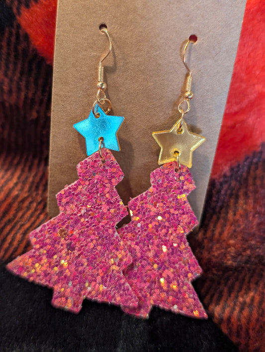 Pink Glitter Christmas Tree Earings