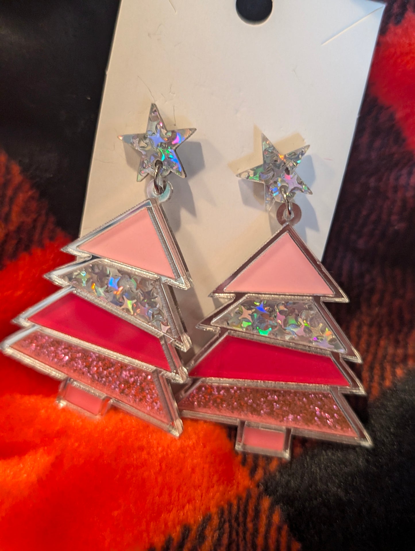 Silver and Pink Glitter Christmas Tree Earings