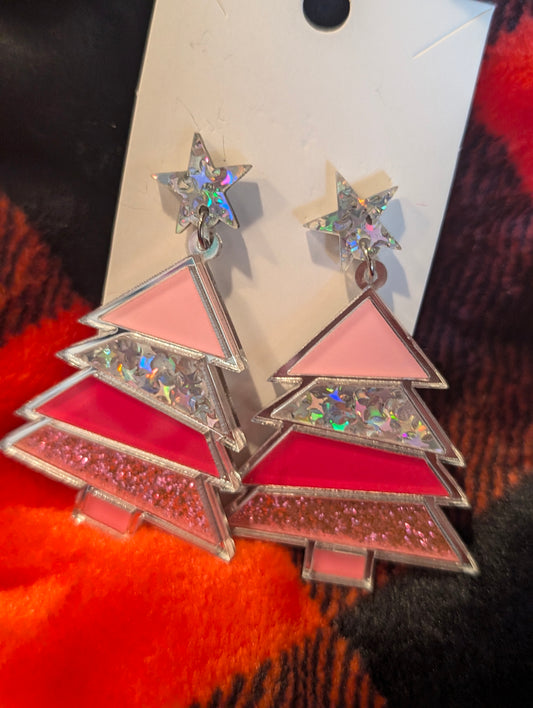 Silver and Pink Glitter Christmas Tree Earings