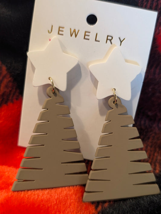 Brown and White Christmas Tree Earings