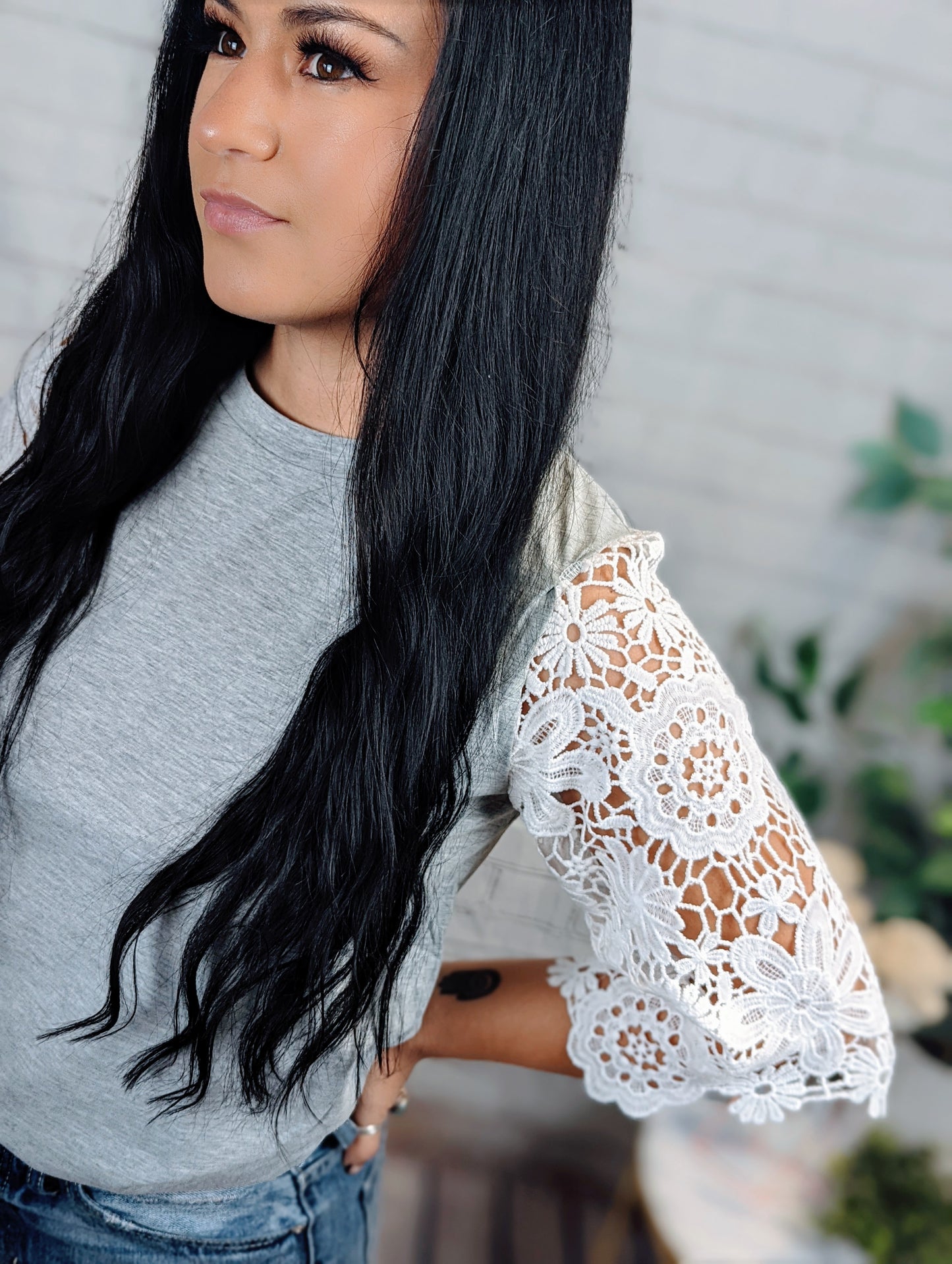 Grey White Lace Sleeve Tunic