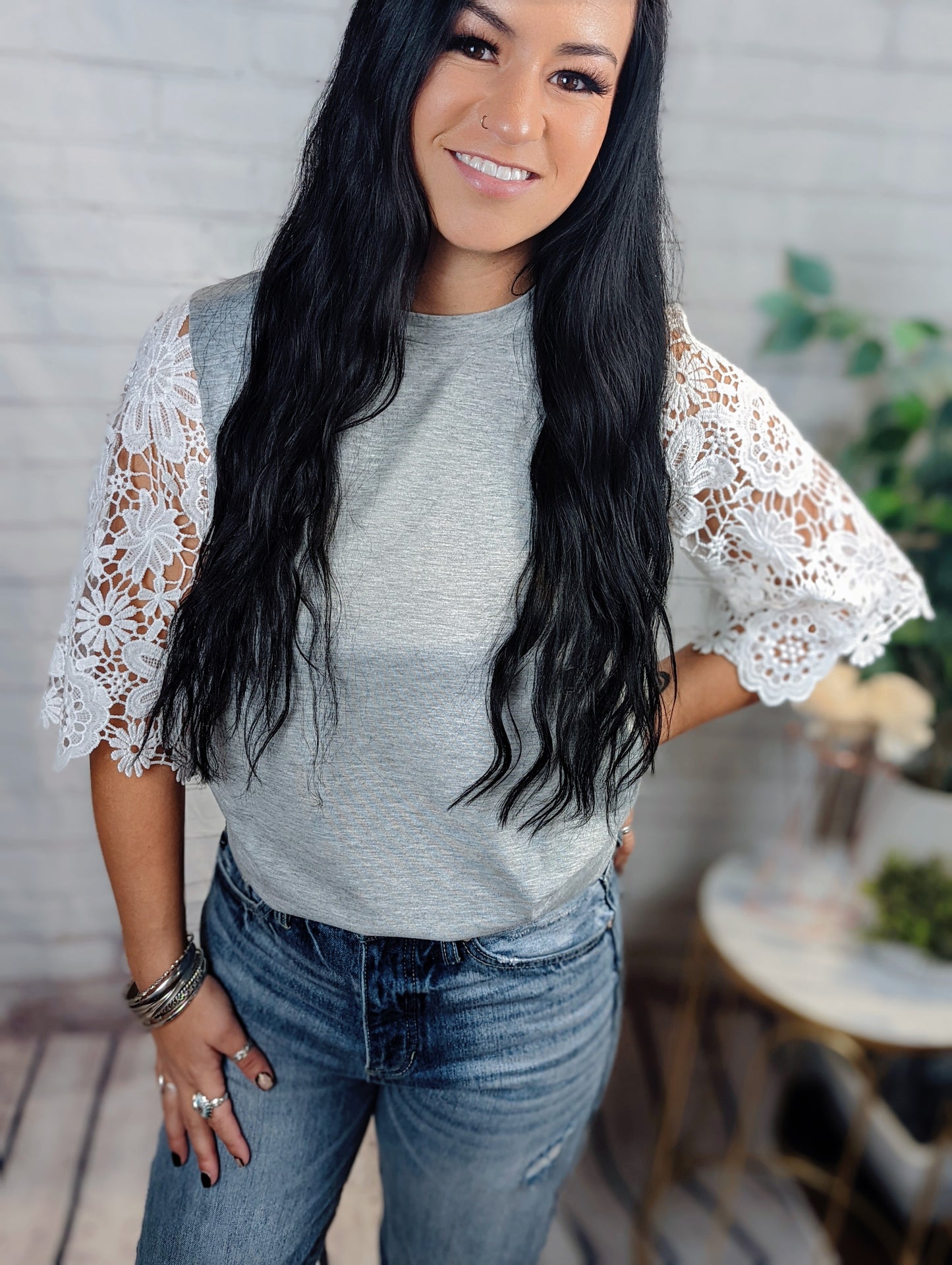 Grey White Lace Sleeve Tunic