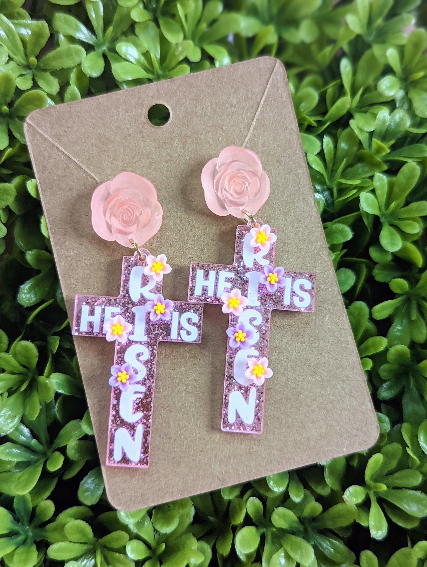 HE IS RISEN GLITTER ACRYLIC CROSS EARRINGS