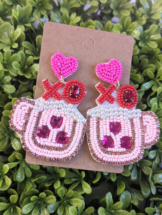 Valentine's XO Heart Mug Seed Bead Earrings