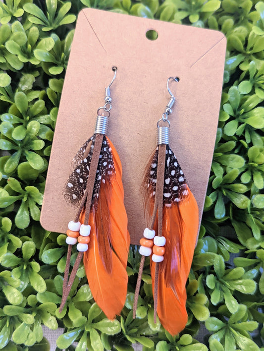 Orange Rice Bead Long Peacock Feather Earrings