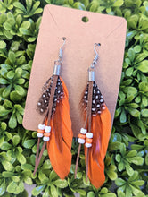 Load image into Gallery viewer, Orange Rice Bead Long Peacock Feather Earrings