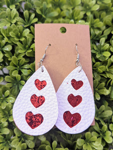 White Sequin Heart PU Leather Drop Earrings