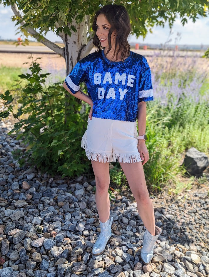 White Fringe Trim Fit Flare Shorts