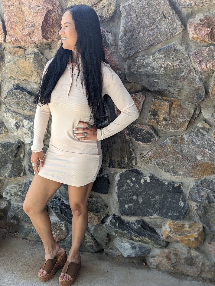 Apricot Long-Sleeve Henley Mini Bodycon Dress