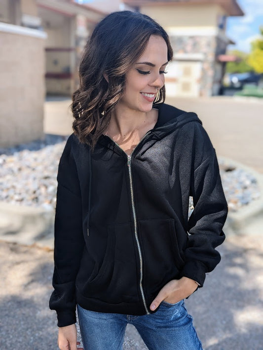 Solid Drawstring Drop Shoulder Zip Up Hoodie