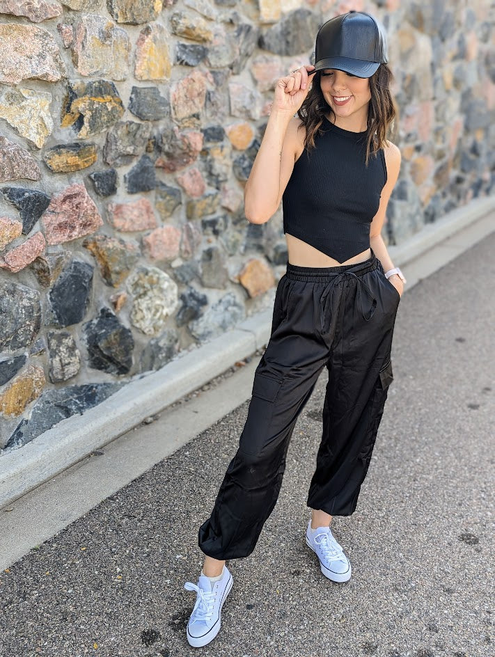 Black Satin Pocketed Drawstring Elastic Waist Pants