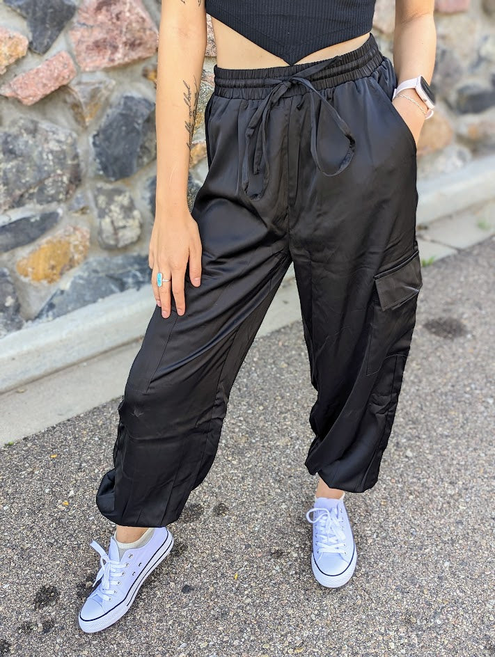 Black Satin Pocketed Drawstring Elastic Waist Pants