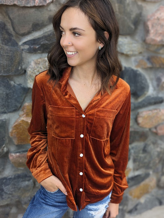 Rust Button Front Velvet Shirt