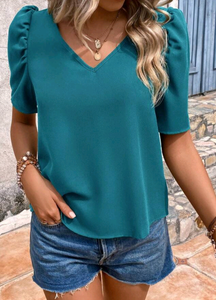 Teal Puff Sleeve V Neck Blouse