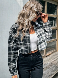 Black and White Plaid Blocked Crop Flannel