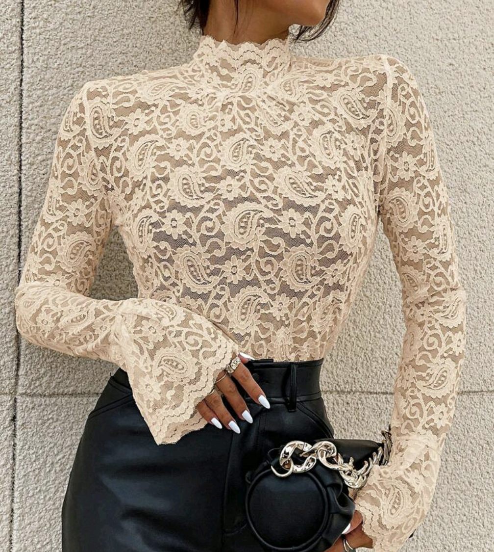 Cream Lace Bell Cuff Turtle Neck Long Sleeve