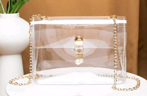 Pearl & Rhinestone Pearl Chain & Decor Faux Pearl Decor Transparent Flap Chain Square Bag