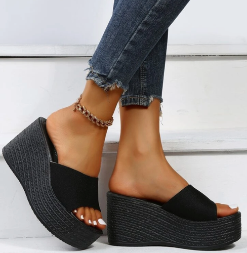 Black Wedge Heel Women's Sandals