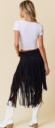 Western Vibes Tiered Fringe Midi Skirt – Black