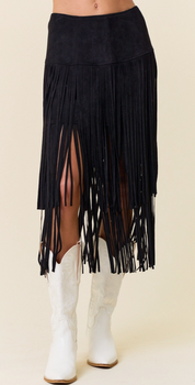 Western Vibes Tiered Fringe Midi Skirt – Black