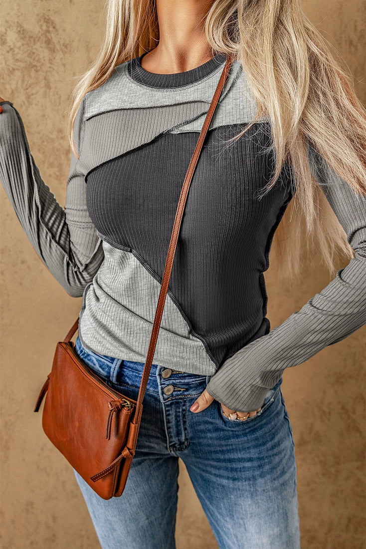 Casual Expose Seam Color Block Ribbed Knit Top