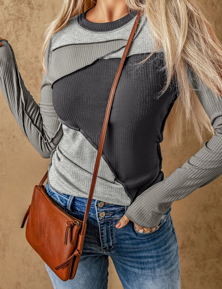 Casual Expose Seam Color Block Ribbed Knit Top