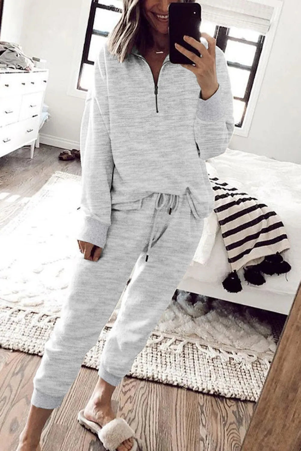 Gray Solid Half Zipped Drawstring Pullover