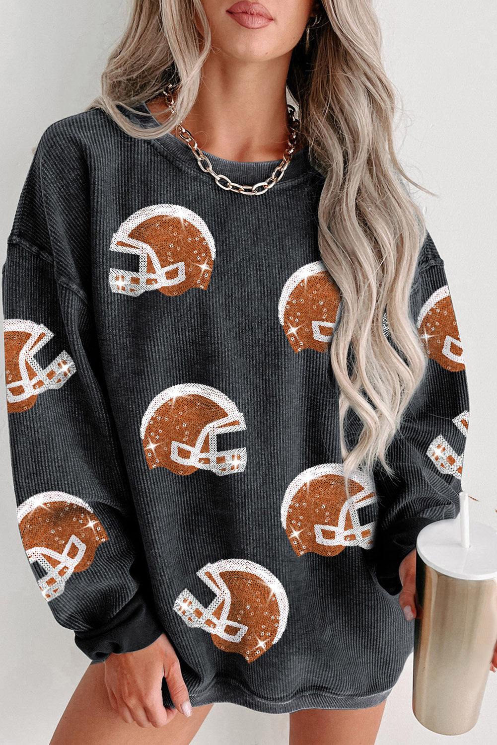 Black Sequin Football Helmet Patched Pattern Corded Sweatshirt