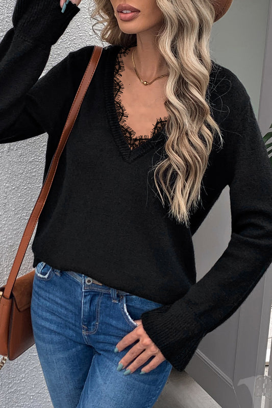 Black Eyelash V Neck Knitted Sweater