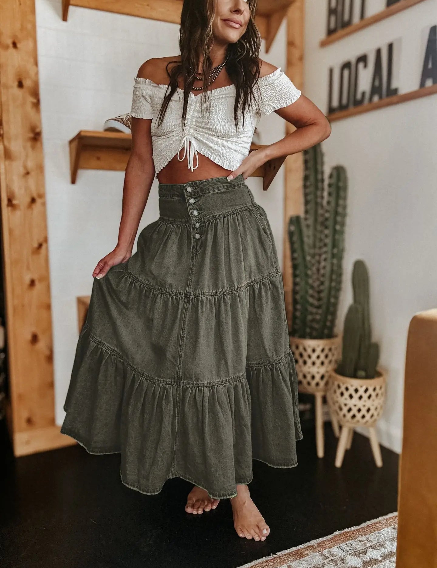 Bohemian Tiered Denim Skirt A-Line