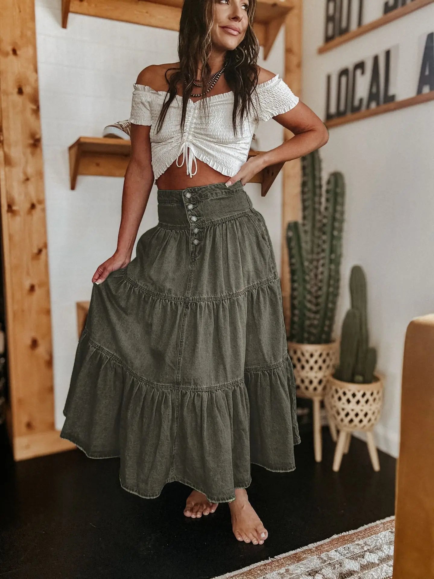 Bohemian Tiered Denim Skirt A-Line