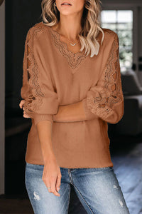 Brown Lace Splicing V Neck Pullover Sweater