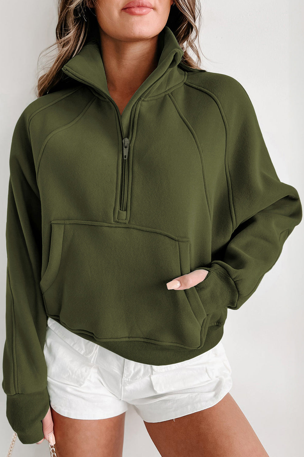 Green Fleece Lined Zip Up Stand Collar Thumbhole Sleeve Sweatshirt