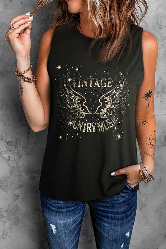 Black Vintage Country Music Wing Glitter Print Tank Top