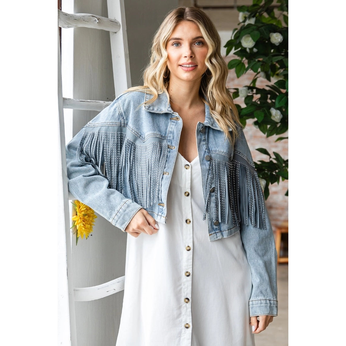 Rhinestone Fringe Cropped Denim Moto Jacket