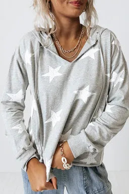 Light Grey Stars Print V-Neck Drawstring Hoodie