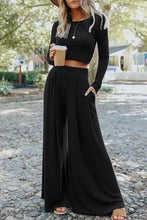 Load image into Gallery viewer, Black Solid Color Ribbed Crop Top Long Pants Set