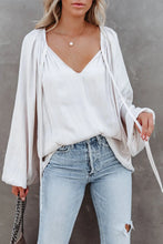 Load image into Gallery viewer, White Tie V Neck Pleated Puff Sleeve Satin Blouse