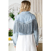 Rhinestone Fringe Cropped Denim Moto Jacket