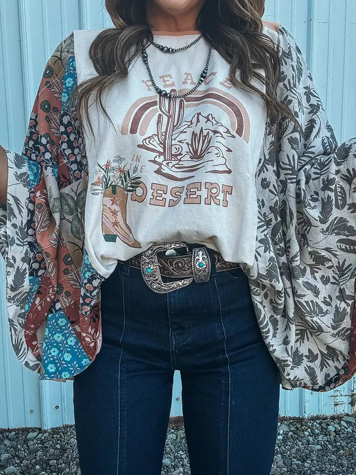 Multicolor Asymmetric Printed Patchwork Sleeve Desert Graphic Top