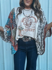 Multicolor Asymmetric Printed Patchwork Sleeve Desert Graphic Top