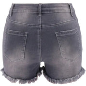 Grey High-Waisted Ripped Stretch Denim Shorts