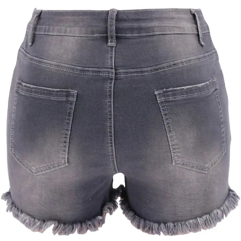 Grey High-Waisted Ripped Stretch Denim Shorts