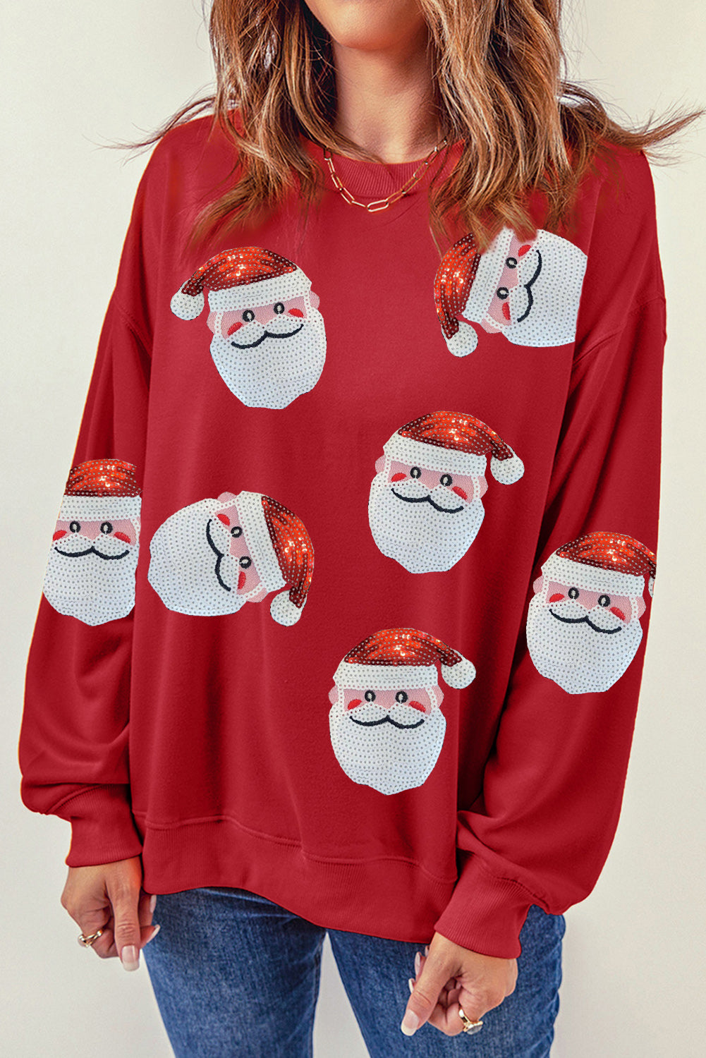 Fiery Red Santa Claus Sequin Graphic Sweatshirt