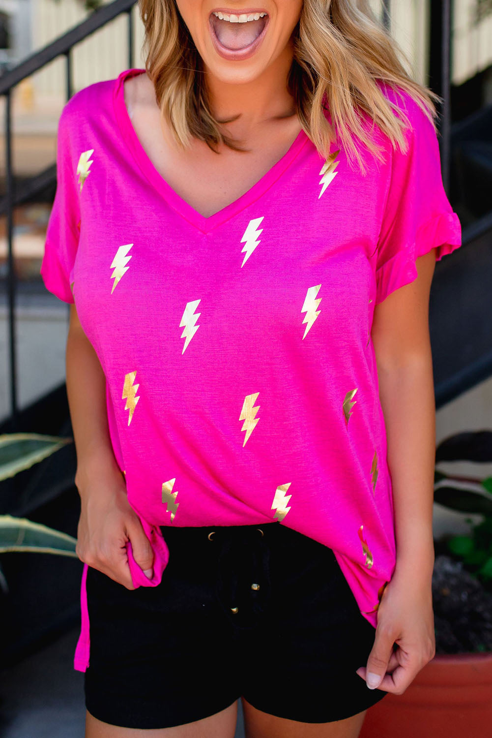 Rose Shiny Lightning Print V Neck Loose T Shirt