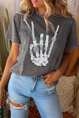 Black Vintage Western Halloween Hand Skeleton Graphic Tee