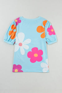 Sky Blue Flower Print Bubble Sleeve Tee