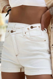 White Asymmetric Waist Design Stylish Denim Shorts
