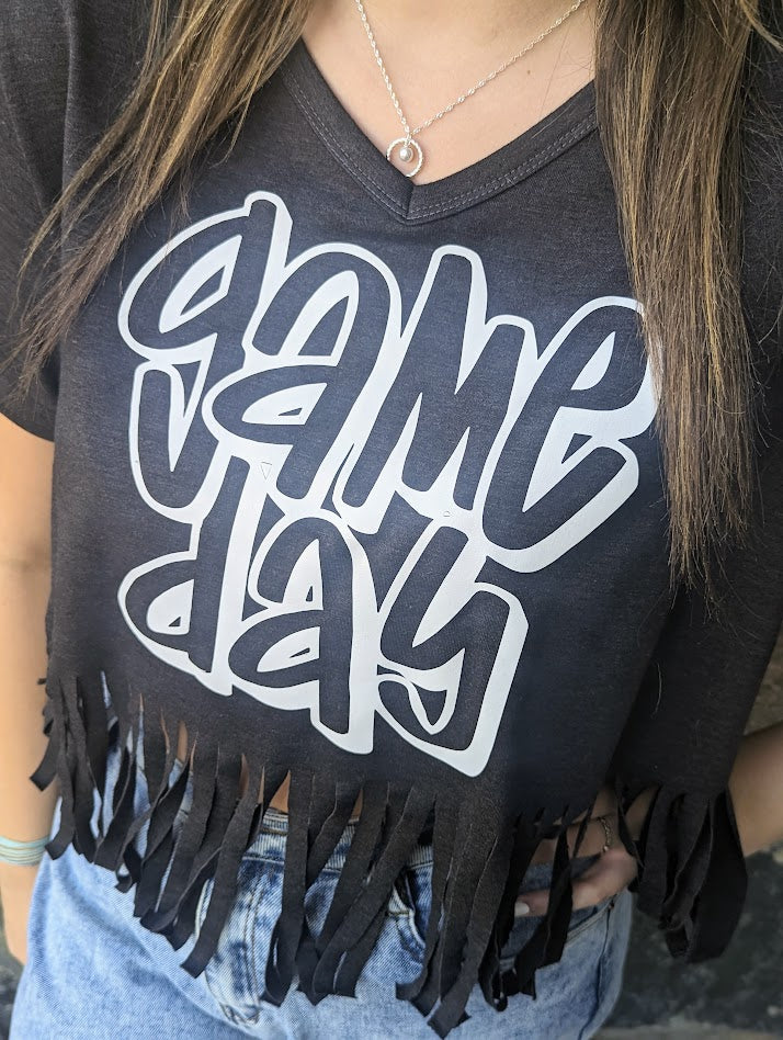 Game Day Black Fringe Hem V Neck T Shirt