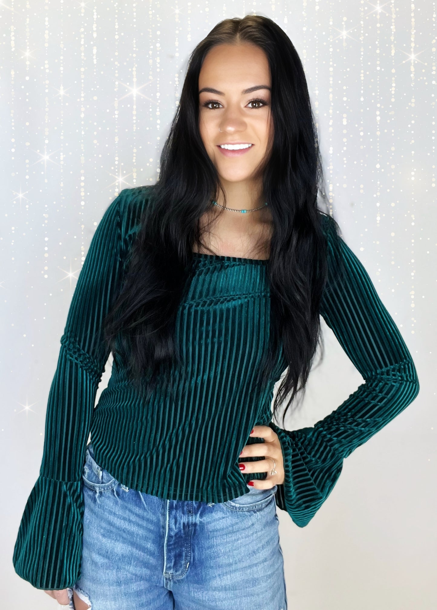 Velvet Green Flare Sleeve Top